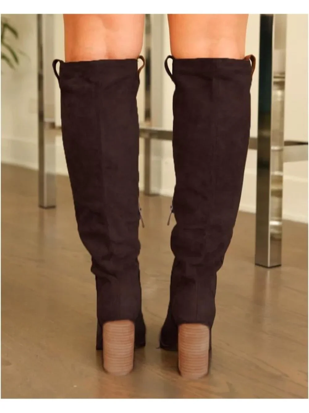 Women Chocolate High Heel Round Toe Faux Suede Side Zipper Slouch Knee High Boot